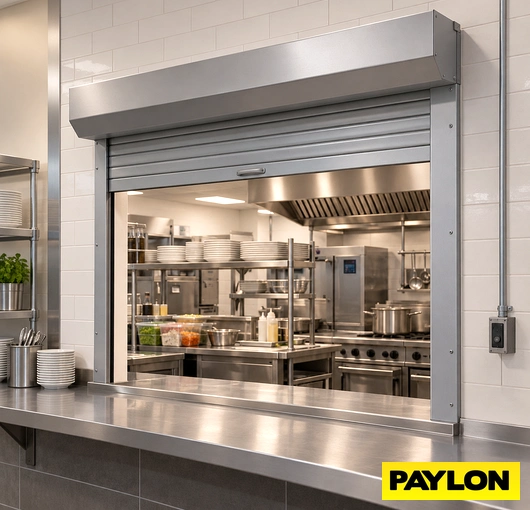 Raised roll-up serving window with a stainless steel counter and commercial kitchen behind it.