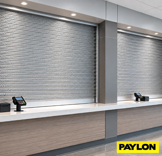 Two perforated roll-up doors above adjoining counters with payment terminals.