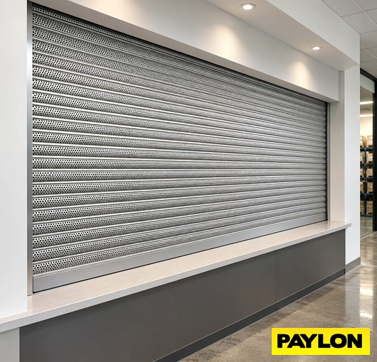 Wide perforated roll-up shutter closed over an indoor service counter.