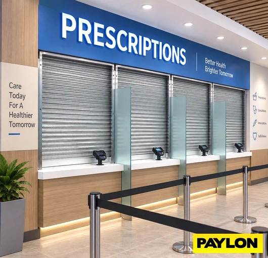 Four closed roll-up counter doors beneath a pharmacy prescriptions sign.