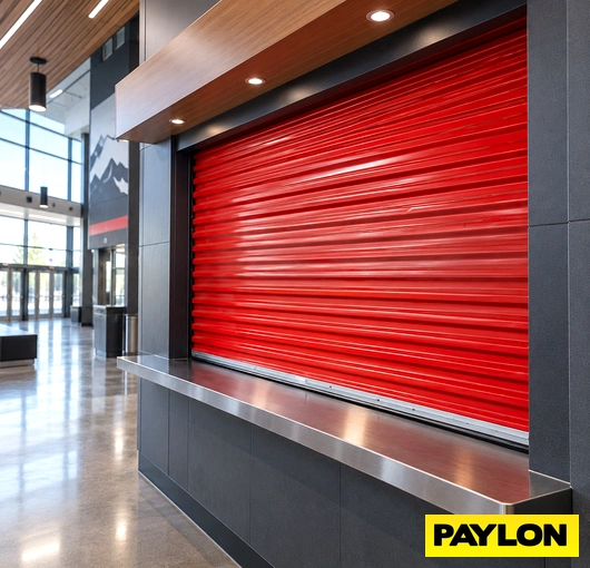 Red solid roll-up counter door beside a glass-fronted lobby.