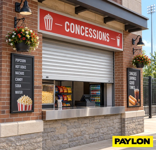 Partly open solid roll-up door above an outdoor brick concession stand counter.