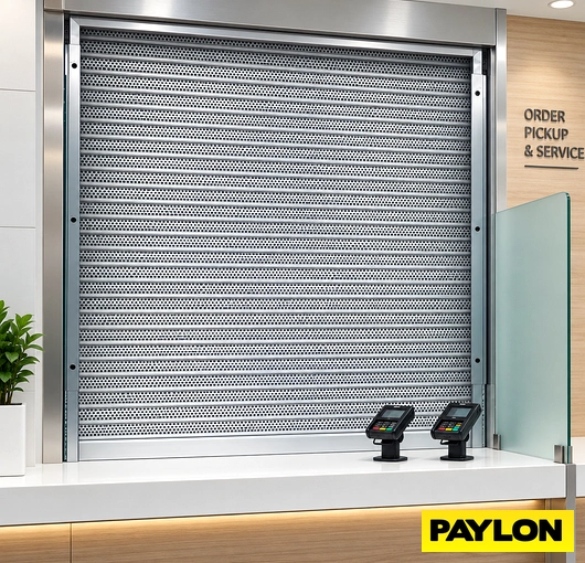 Closed perforated roll-up counter door at an order pickup and service station.