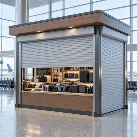 Illustration of an airport retail kiosk with roll-up security shutters