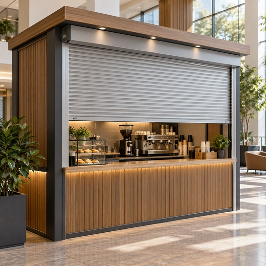 Illustration of a coffee kiosk with a roll-up security shutter