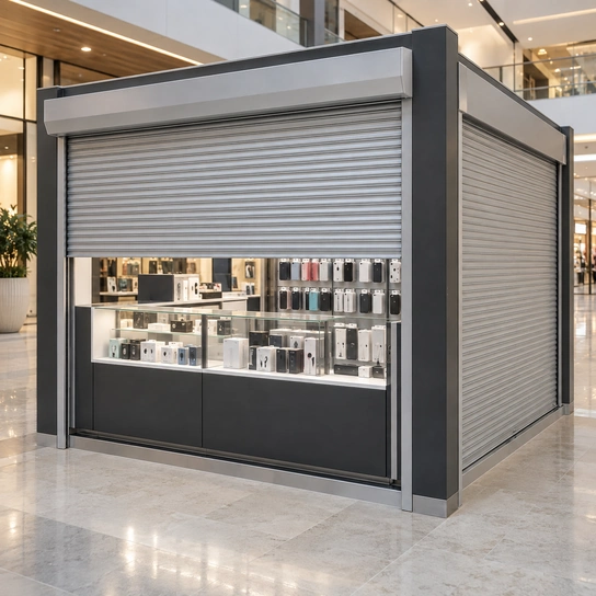 Illustration of an electronics kiosk with roll-up security shutters
