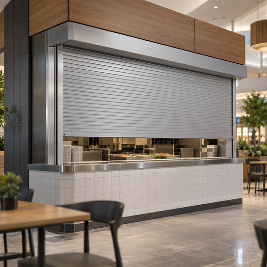 Illustration of a food court kiosk with a roll-up counter shutter