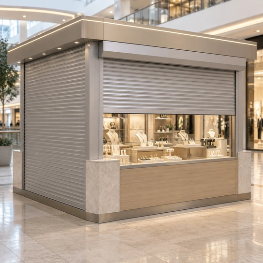 Illustration of roll-up security shutters on a mall retail kiosk