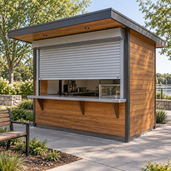 Illustration of an outdoor service kiosk with a roll-up security shutter