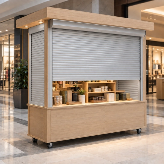 Illustration of a retail cart with both side security shutters closed and the front shutter partly open