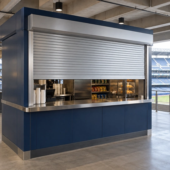 Illustration of a stadium concession kiosk with a roll-up shutter