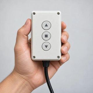 Handheld controller illustrating battery-powered hurricane shutter operation