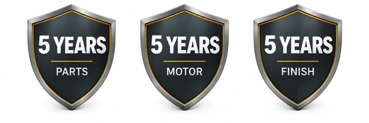 Five years for parts, motor where applicable, and finish.