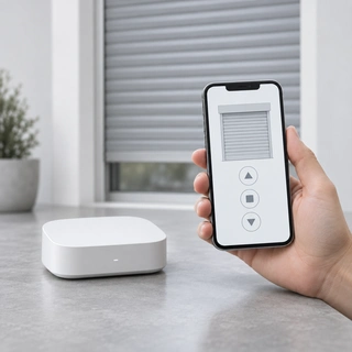 Smart-home hub and phone illustrating app control of a compatible hurricane shutter