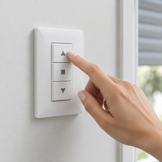 Wall switch with up stop and down controls for a motorized hurricane shutter