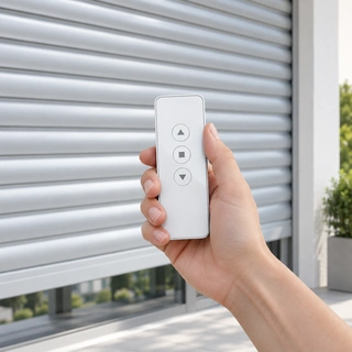 Hand holding a wireless remote in front of a hurricane shutter