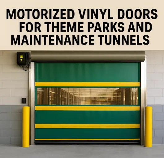 A green motorized vinyl roll-up door installed in a secure facility, representing the use of motorized vinyl doors for theme parks and maintenance tunnels to ensure fast, sanitary, and hands-free access.