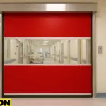 A red vinyl roll-up door by Paylon installed in a hospital corridor, providing quarantine zone separation with vinyl roll up barriers for infection control and patient safety.