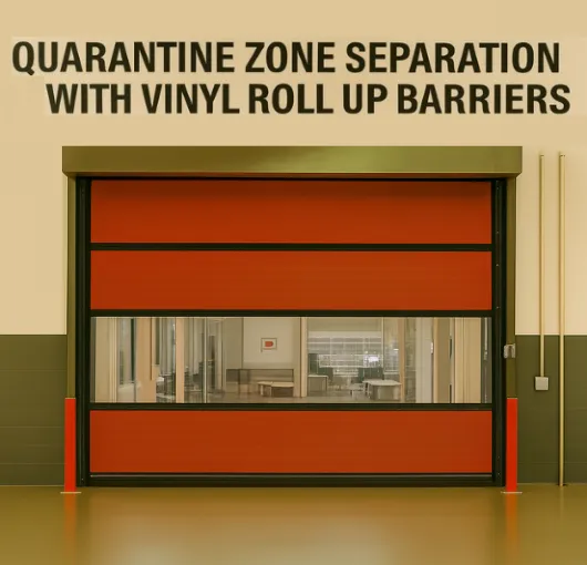 A red vinyl roll-up door installed in a medical facility, illustrating Quarantine Zone Separation with Vinyl Roll Up Barriers for hygienic and controlled access