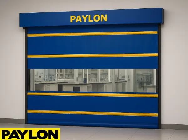 Roll up partitions in university research labs by Paylon, featuring a high-performance blue vinyl door Roll up partitions in university research labs by Paylon, featuring a high-performance blue vinyl door with yellow reinforcement stripes and a clear window for visibility between lab zones