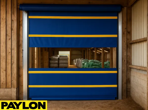 Creative use of roll up doors in livestock and agricultural barns, featuring a blue and yellow Paylon roll-up door Creative use of roll up doors in livestock and agricultural barns, featuring a blue and yellow Paylon roll-up door with a transparent panel revealing stored agricultural supplies inside a wooden barn