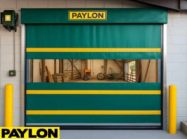 Creative use of roll-up vinyl door – high speed, featuring a green and yellow PAYLON roll-up door Creative use of roll-up vinyl door, high speed, featuring a green and yellow PAYLON roll-up door installed in a livestock and agricultural barn with a clear vision panel showing farming equipment inside