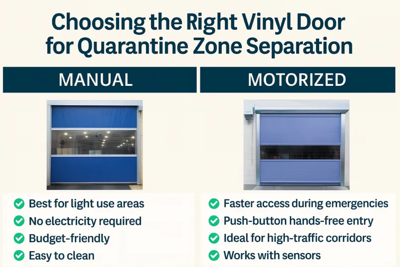 Infographic comparing manual and motorized vinyl doors, highlighting key features and use cases, ideal for motorized vinyl doors for theme parks and maintenance tunnels.
