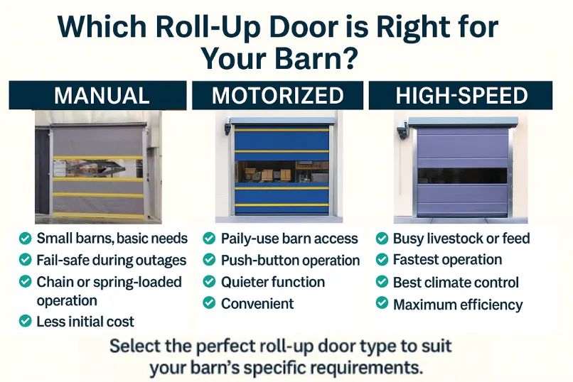 Infographic comparing manual, motorized, and high-speed roll-up doors for barns Infographic comparing manual, motorized, and high-speed roll-up doors for barns, showcasing the creative use of roll-up doors in livestock and agricultural barns with key benefits of each type clearly listed
