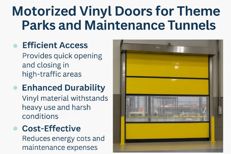 Infographic showcasing the benefits of Motorized Vinyl Doors for Theme Parks and Maintenance Tunnels Infographic showcasing the benefits of Motorized Vinyl Doors for Theme Parks and Maintenance Tunnels, highlighting features like efficient access, enhanced durability, safety, and cost-effectiveness next to a yellow