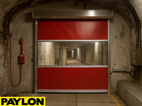 Motorized Roll-Up Vinyl Door installed in a theme park maintenance tunnel Motorized Roll-Up Vinyl Door installed in a theme park maintenance tunnel, featuring a red vinyl panel with a clear vision window for visibility and secure access