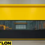 Paylon High Speed Roll-Up Door – Motorized featuring a bold yellow and black vinyl curtain with a wide vision panel, installed in a modern industrial facility for efficient, automated access