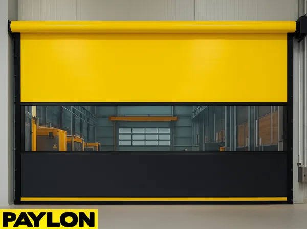Paylon High Speed Roll-Up Door – Motorized featuring a bold yellow and black vinyl curtain Paylon High Speed Roll-Up Door – Motorized featuring a bold yellow and black vinyl curtain with a wide vision panel, installed in a modern industrial facility for efficient, automated access