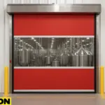 Paylon Motorized Vinyl Doors for Brewery & Distillery Washdowns Zone, front view of a red high-speed roll-up door installed in a sanitary processing facility