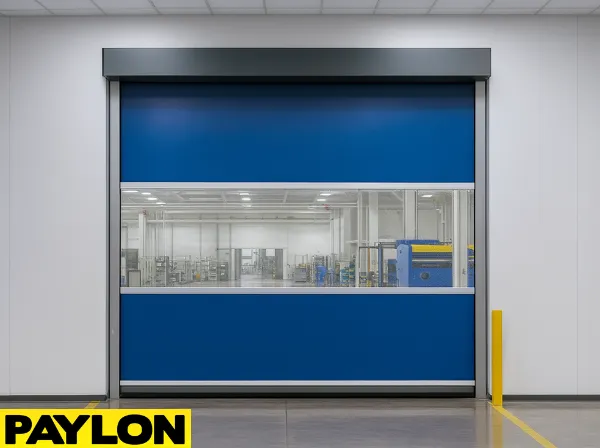 Paylon Roll-Up Vinyl Door – Motorized installed in a modern industrial facility, Paylon Roll-Up Vinyl Door – Motorized installed in a modern industrial facility, featuring a blue vinyl curtain with a wide clear vision panel and automated high-speed performance