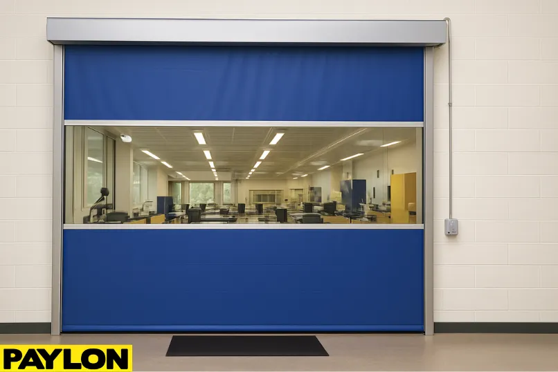 Paylon flexible partitions for university labs installed in a clean, modern research environment, offering clear visibility and controlled access between lab zones
