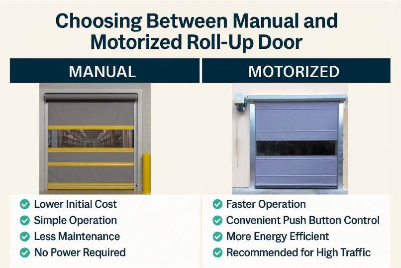 Paylon infographic for Comparing Manual vs. Motorized Roll Up Doors for Industrial Use Paylon infographic Comparing Manual vs. Motorized Roll Up Doors for Industrial Use, featuring a side-by-side breakdown of cost, operation, and efficiency
