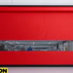 Paylon red vinyl roll-up door CONTROLLED ACCESS. LAB-READY PERFORMANCE. Ideal for quarantine zone separation in lab settings.