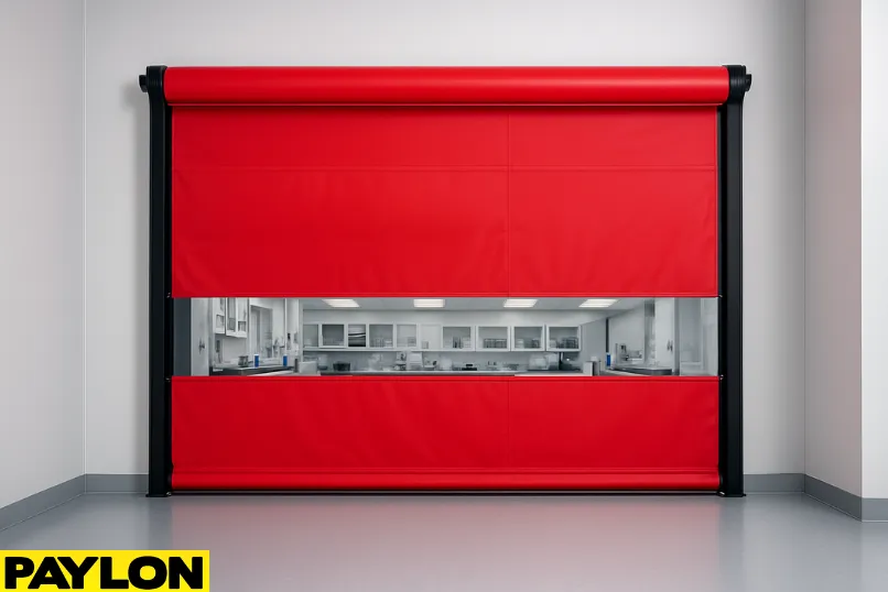 Paylon roll-up barriers for modern labs installed in a university research facility, providing clean, flexible partitioning with clear visibility and lab-ready performance