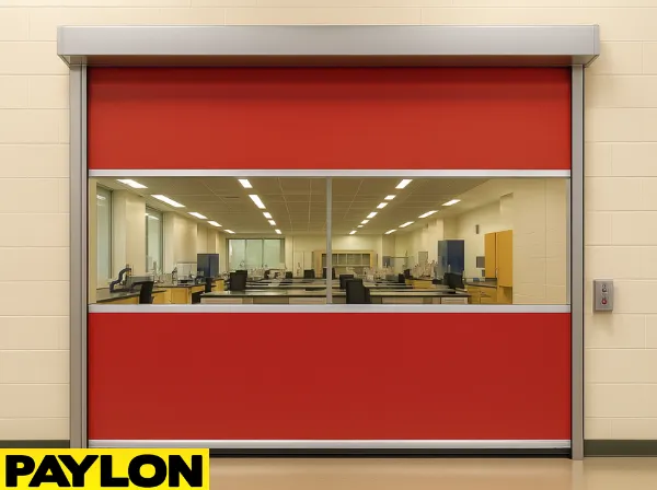 Paylon roll up vinyl doors installed in a university research lab, offering clear visibility and hygienic separation Paylon roll up vinyl doors installed in a university research lab, offering clear visibility and hygienic separation between lab zones with a vibrant red vinyl curtain and transparent center panel
