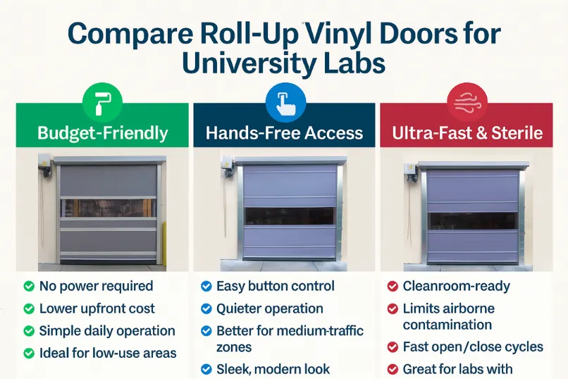 Roll Up Partitions in University Research Labs, infographic comparing manual, motorized, and high-speed vinyl roll-up doors Roll Up Partitions in University Research Labs, infographic comparing manual, motorized, and high-speed vinyl roll-up doors with key benefits for research lab environments