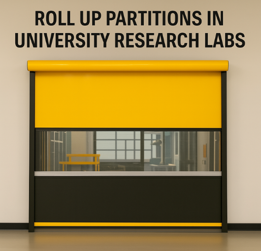 Roll Up Partitions in University Research Labs – yellow and black vinyl roll-up door installed in a lab facility for space separation and visibility