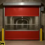 Roll-Up Vinyl Door Motorized in a theme park maintenance tunnel, featuring a red vinyl curtain with a transparent panel and curved concrete walls illuminated by overhead lighting