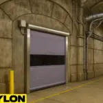Roll-Up Vinyl Door, Motorized installed in a theme park maintenance tunnel, surrounded by industrial piping and curved concrete walls