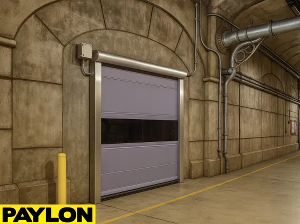 Roll-Up Vinyl Door, Motorized installed in a theme park maintenance tunnell Roll-Up Vinyl Door, Motorized installed in a theme park maintenance tunnel, surrounded by industrial piping and curved concrete walls