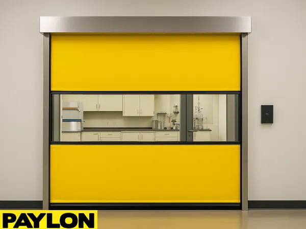 Roll-Up Vinyl Door Motorized unit installed in a clean, lab-ready research facility Roll-Up Vinyl Door – Motorized unit installed in a clean, lab-ready research facility, providing controlled access and flexible partitioning