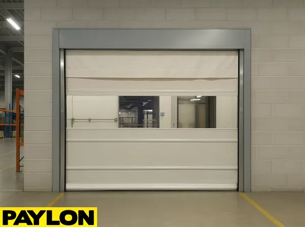 Roll-Up Vinyl Door – Manual by Paylon installed in an industrial warehouse facility, featuring a durable white vinyl curtain Roll-Up Vinyl Door – Manual by Paylon installed in an industrial warehouse facility, featuring a durable white vinyl curtain with a clear vision panel, set within a concrete block wall.