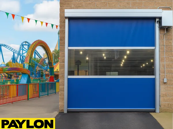 Roll-Up Vinyl Door Motorized installed at a theme park facility entrance Roll-Up Vinyl Door Motorized installed at a theme park facility entrance, with colorful roller coasters and fencing in the background