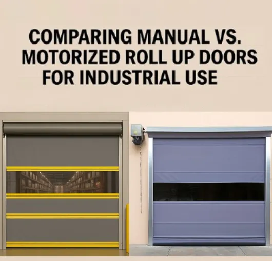 Side-by-side comparison of manual and motorized roll up doors for industrial use, created by Industrial Roll-Up Doors to highlight differences in design and functionality