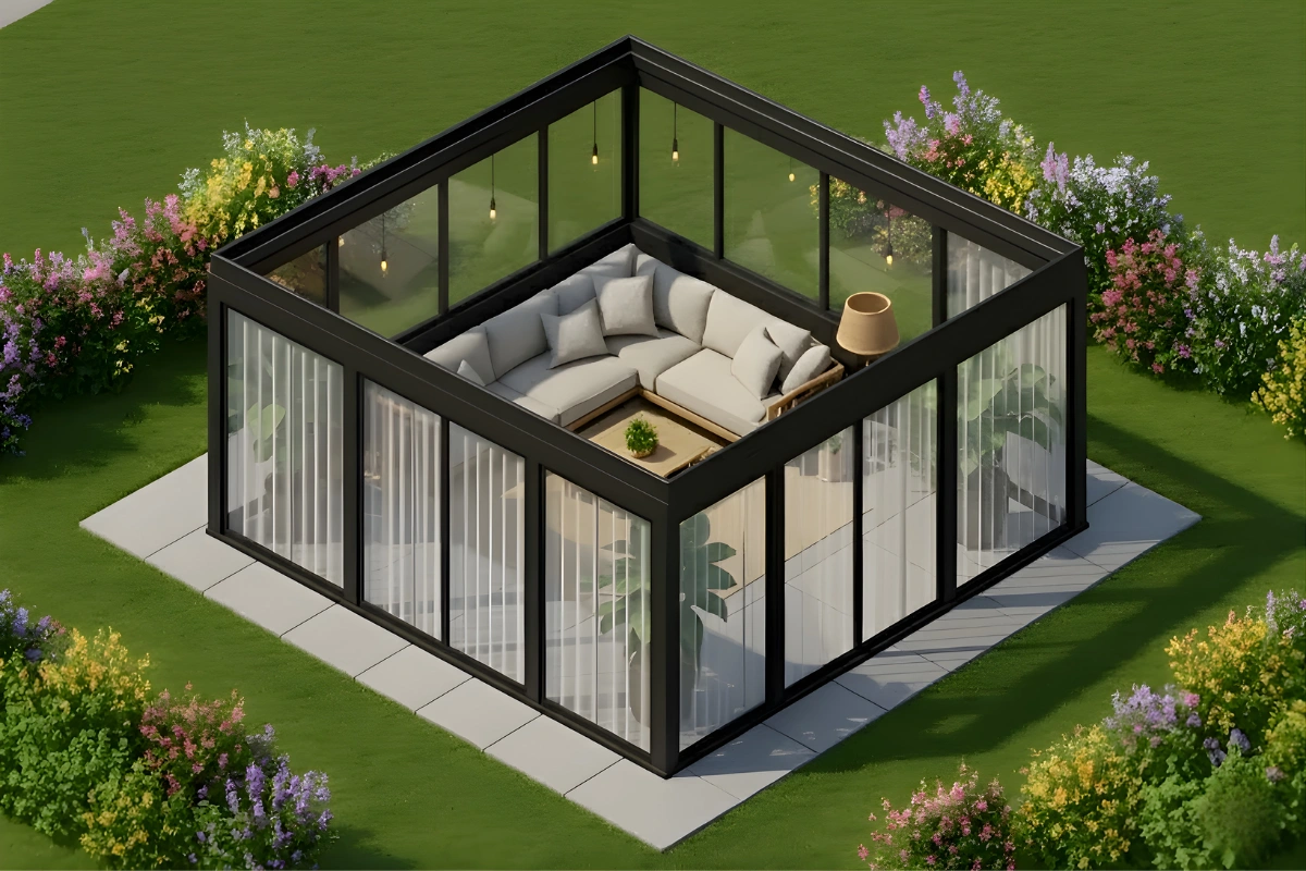 A modern isometric view of a fully enclosed backyard pavilion featuring motorized clear vinyl curtains, showing a cozy sectional seating area inside and surrounded by landscaped greenery.