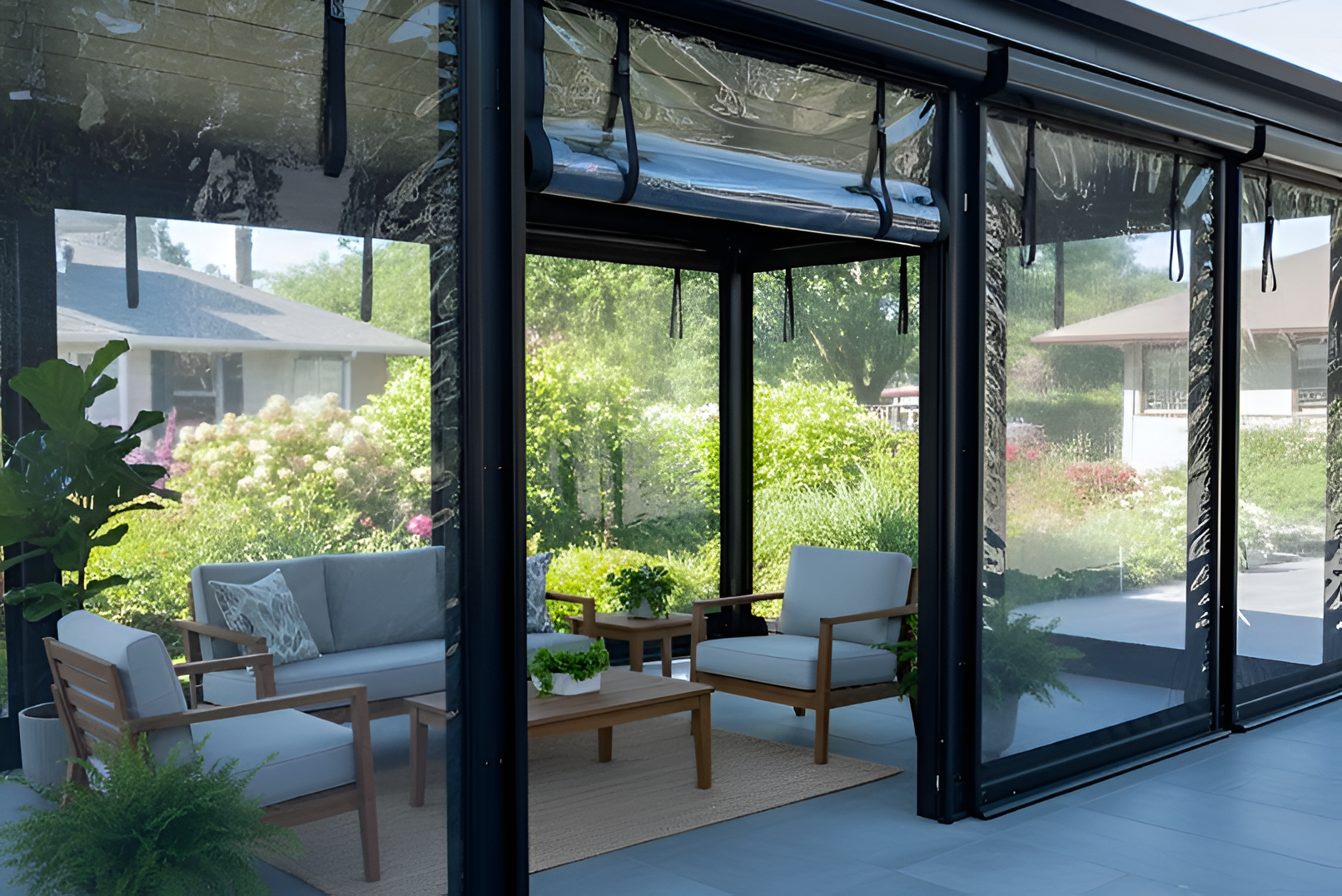 “Black-frame pavilion with roll-up clear vinyl curtains partially raised, showing a modern outdoor seating area protected from wind and weather.”